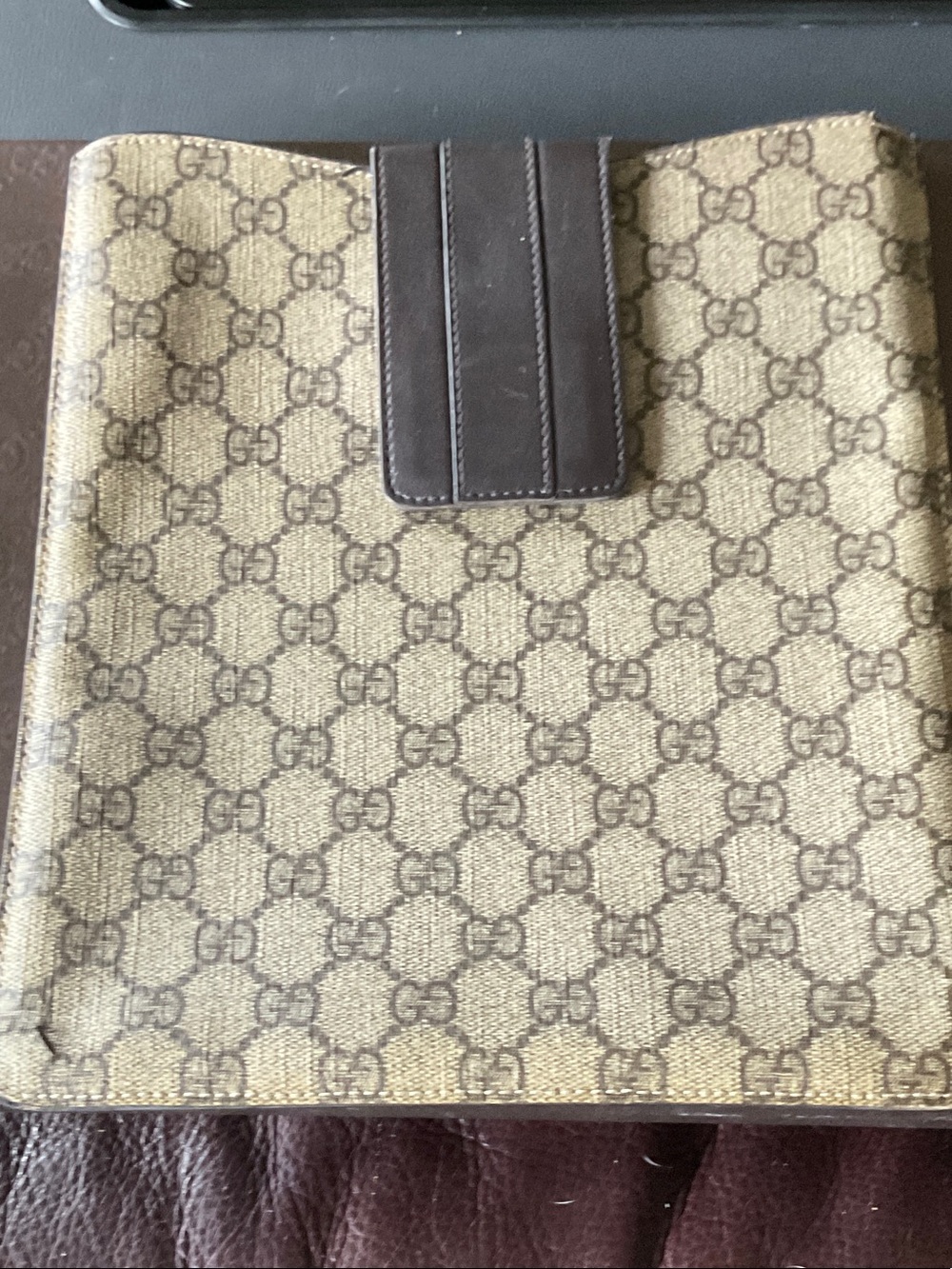 Genuine Gucci Beige GG Supreme Canvas iPad/Folio with Brown Leather Trim